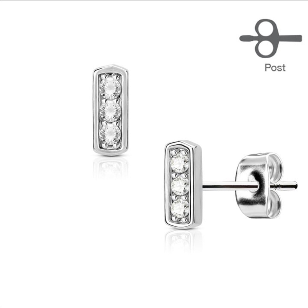 Pair of Three CZ Set Square Bar 316L Surgical Steel Post Earring Studs NEW